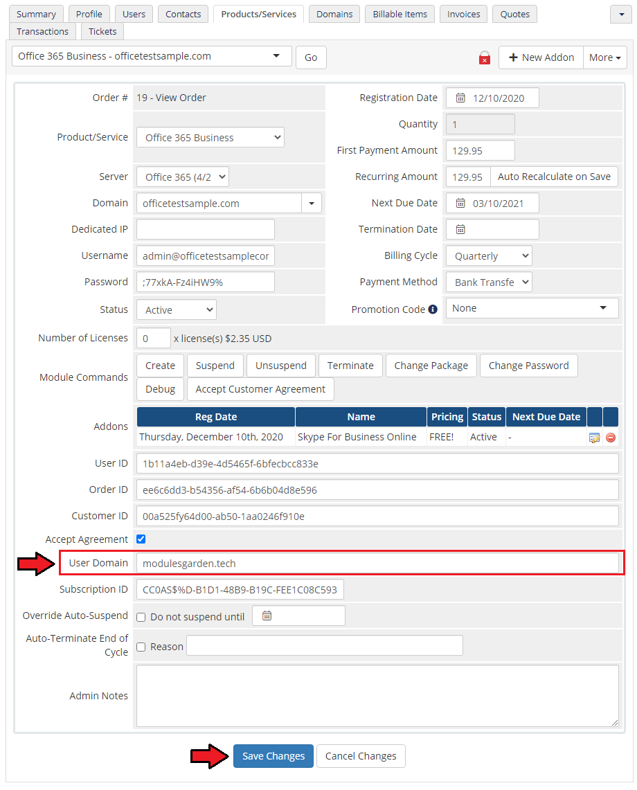 Office 365 For WHMCS: WHMCS admin area product page with the User Domain field filled in and Save Changes
