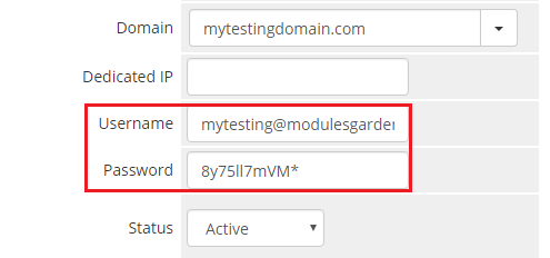 Office 365 For WHMCS: WHMCS admin area product page with the Username and Password fields highlighted