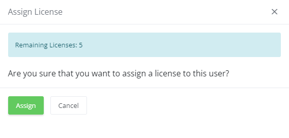Office 365 For WHMCS: assign License confirmation dialog in the WHMCS client area showing the remaining licenses