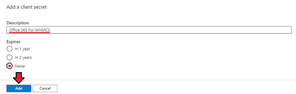 Office 365 For WHMCS: Azure Add a client secret dialog with a description and the Never expiry option selected