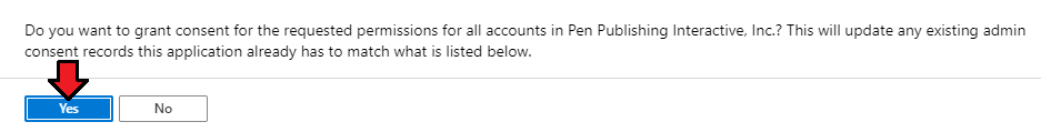 Office 365 For WHMCS: Azure admin consent confirmation prompt with the Yes button