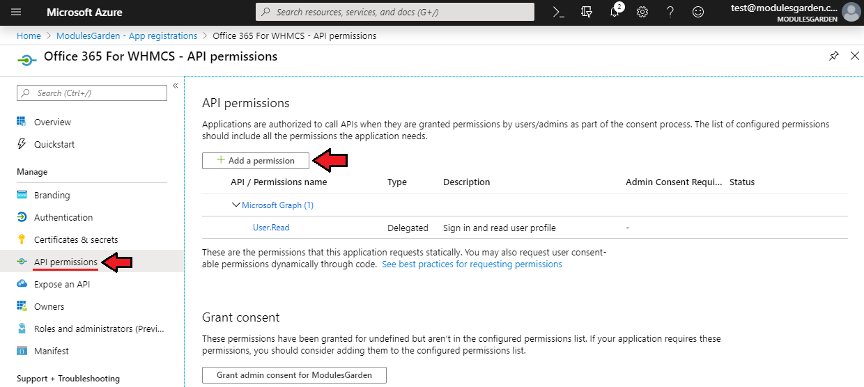 Office 365 For WHMCS: Azure application API permissions page with the Add a permission button