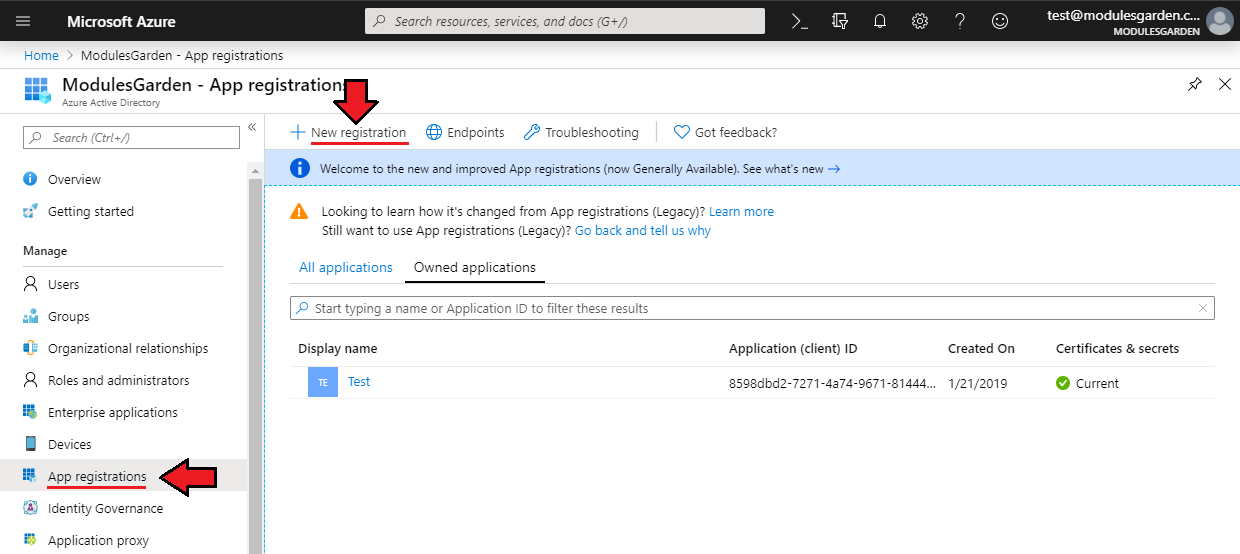 Office 365 For WHMCS: Azure Active Directory App registrations page with the New registration button