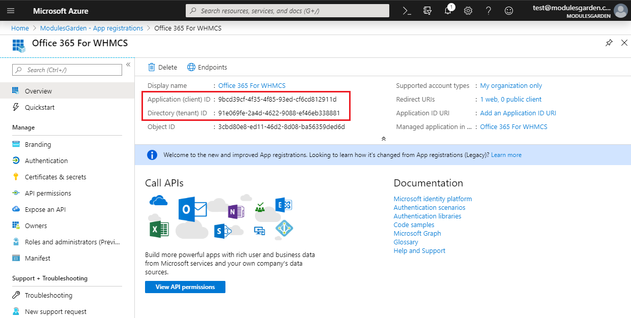 Office 365 For WHMCS: Azure application overview with Application (client) ID and Directory (tenant) ID highlighted