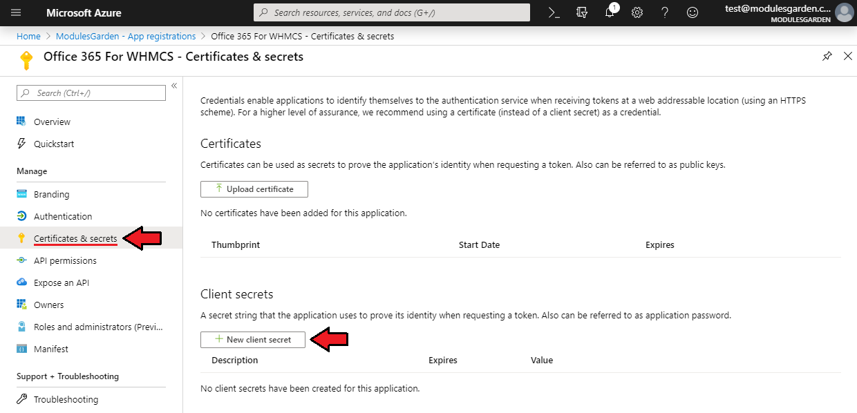 Office 365 For WHMCS: Azure application Certificates and secrets page with the New client secret button