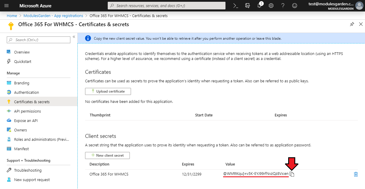 Office 365 For WHMCS: Azure Certificates and secrets page showing the generated client secret value with a copy icon