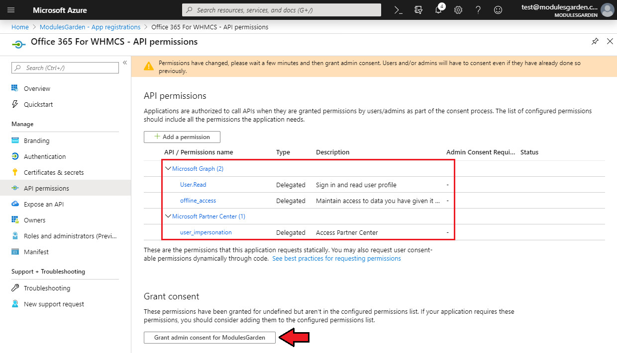 Office 365 For WHMCS: Azure API permissions list with Graph and Partner Center permissions and Grant admin consent