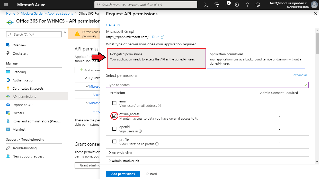 Office 365 For WHMCS: Azure Microsoft Graph delegated permissions list with offline_access ticked
