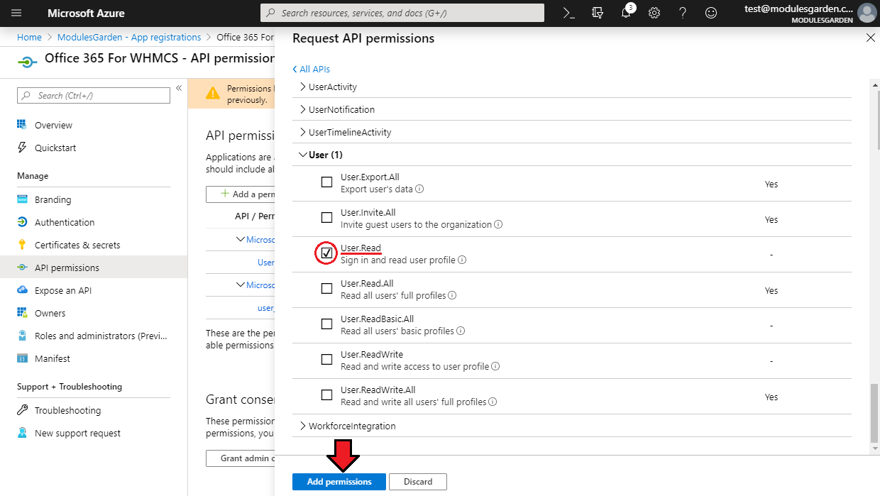 Office 365 For WHMCS: Azure Microsoft Graph permissions list with User.Read ticked and the Add permissions button