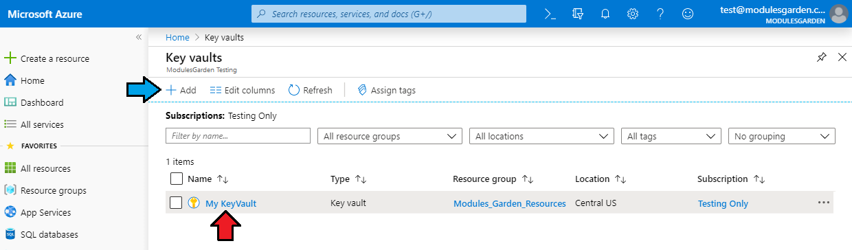 Office 365 For WHMCS: Azure Key vaults list with the Add button and an existing key vault named My KeyVault