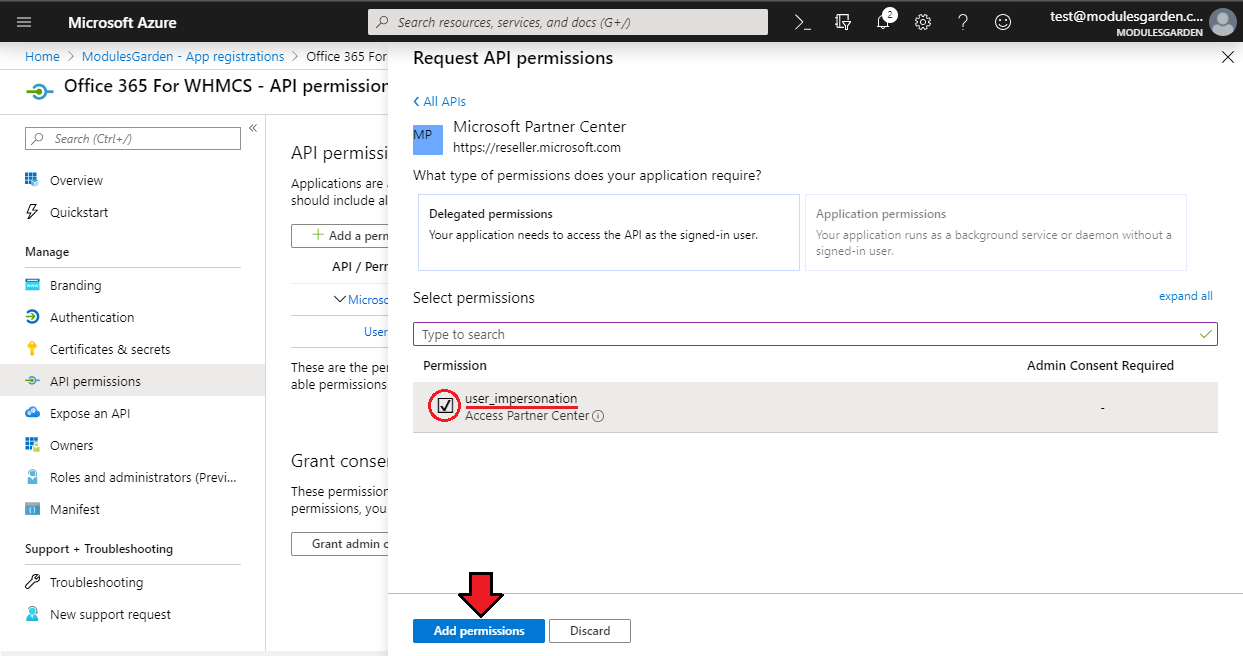 Office 365 For WHMCS: Azure Microsoft Partner Center permissions with user_impersonation ticked and Add permissions