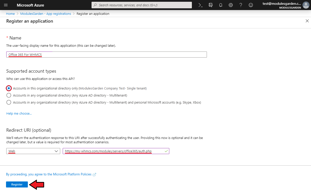 Office 365 For WHMCS: Azure Register an application form with name, account type and the WHMCS auth.php redirect URI