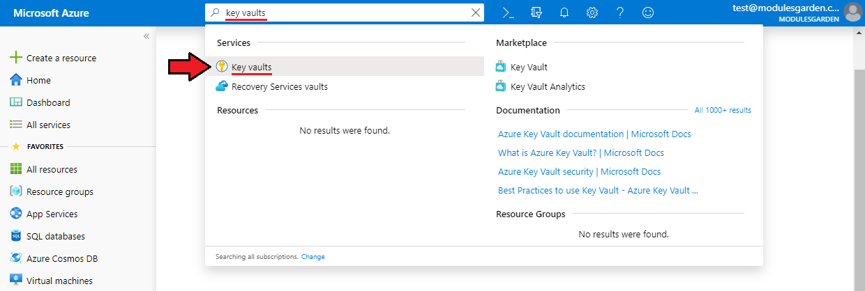 Office 365 For WHMCS: Azure portal search box with key vaults typed and the Key vaults service result