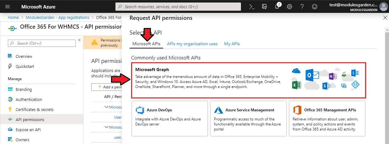 Office 365 For WHMCS: Azure Request API permissions panel, Microsoft APIs tab with the Microsoft Graph tile