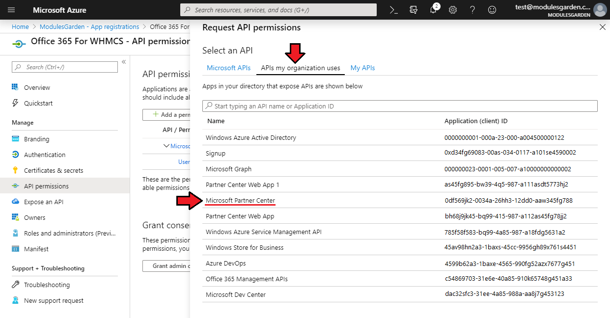 Office 365 For WHMCS: Azure Request API permissions panel, APIs my organization uses tab with Microsoft Partner Center