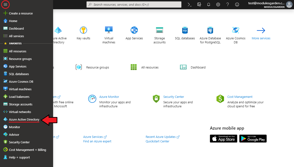 Office 365 For WHMCS: Microsoft Azure portal sidebar expanded with the Azure Active Directory item highlighted