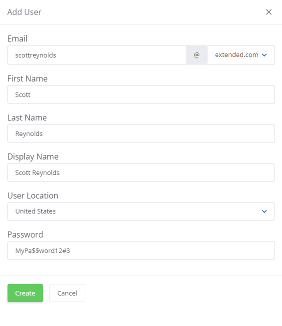 Office 365 For WHMCS: add User dialog in the WHMCS client area with email, name, location and password fields