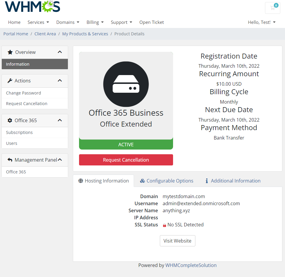 Office 365 For WHMCS: WHMCS client area service details for Office 365 Business with the Subscriptions and Users menu