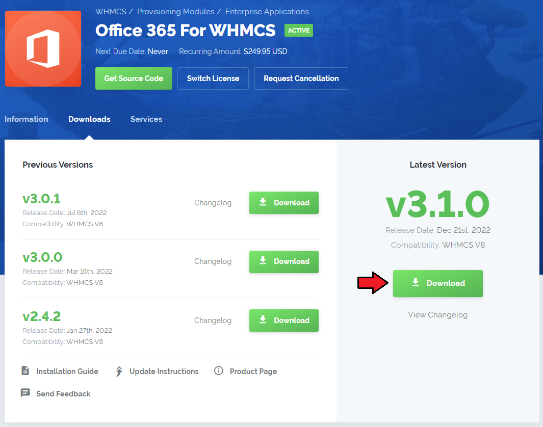 Office 365 For WHMCS: Download button for the latest module version in the ModulesGarden client area product page