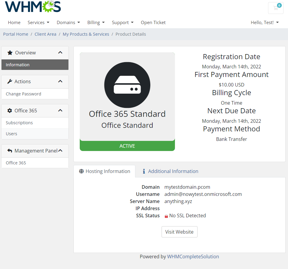 Office 365 For WHMCS: WHMCS client area service details for Office 365 Standard with the Management Panel menu
