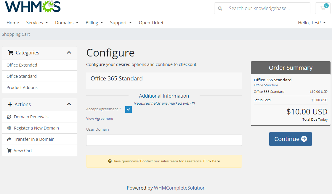 Office 365 For WHMCS: WHMCS client area order form for Office 365 Standard with the Accept Agreement checkbox