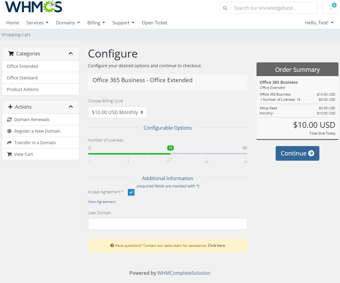 Office 365 For WHMCS: WHMCS client order form with a Number of Licenses slider, billing cycle and order summary