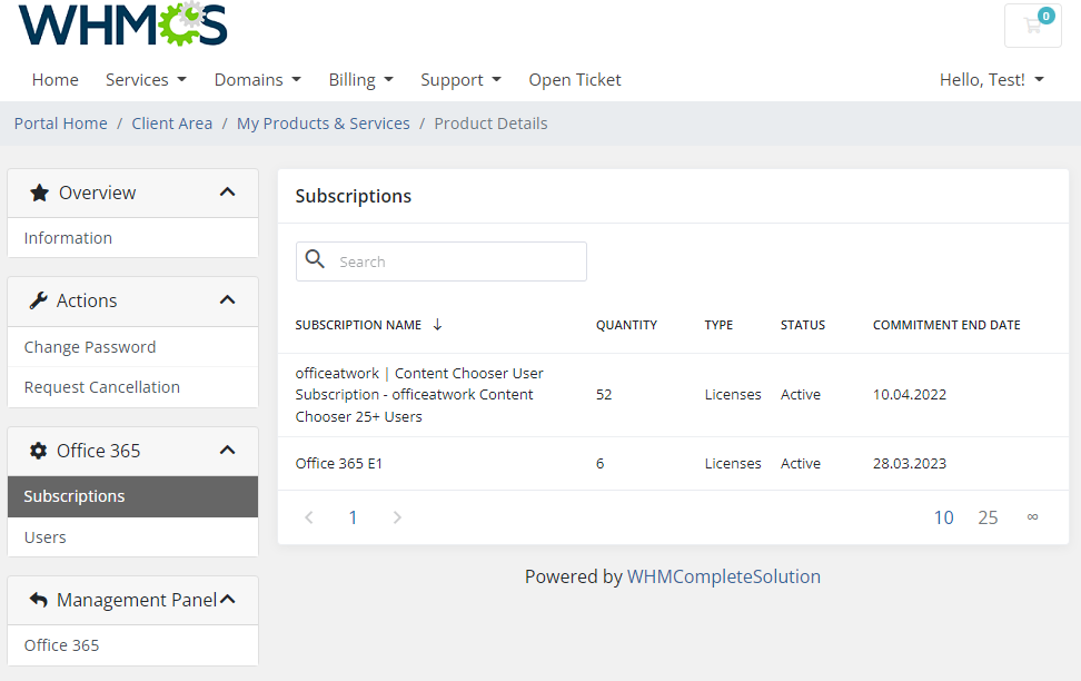 Office 365 For WHMCS: WHMCS client area Subscriptions list with quantity, type, status and commitment end date