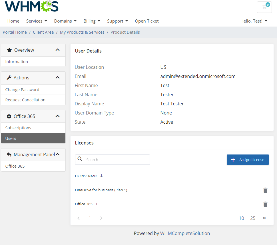 Office 365 For WHMCS: WHMCS client area user details with two assigned licenses and a Delete icon for each