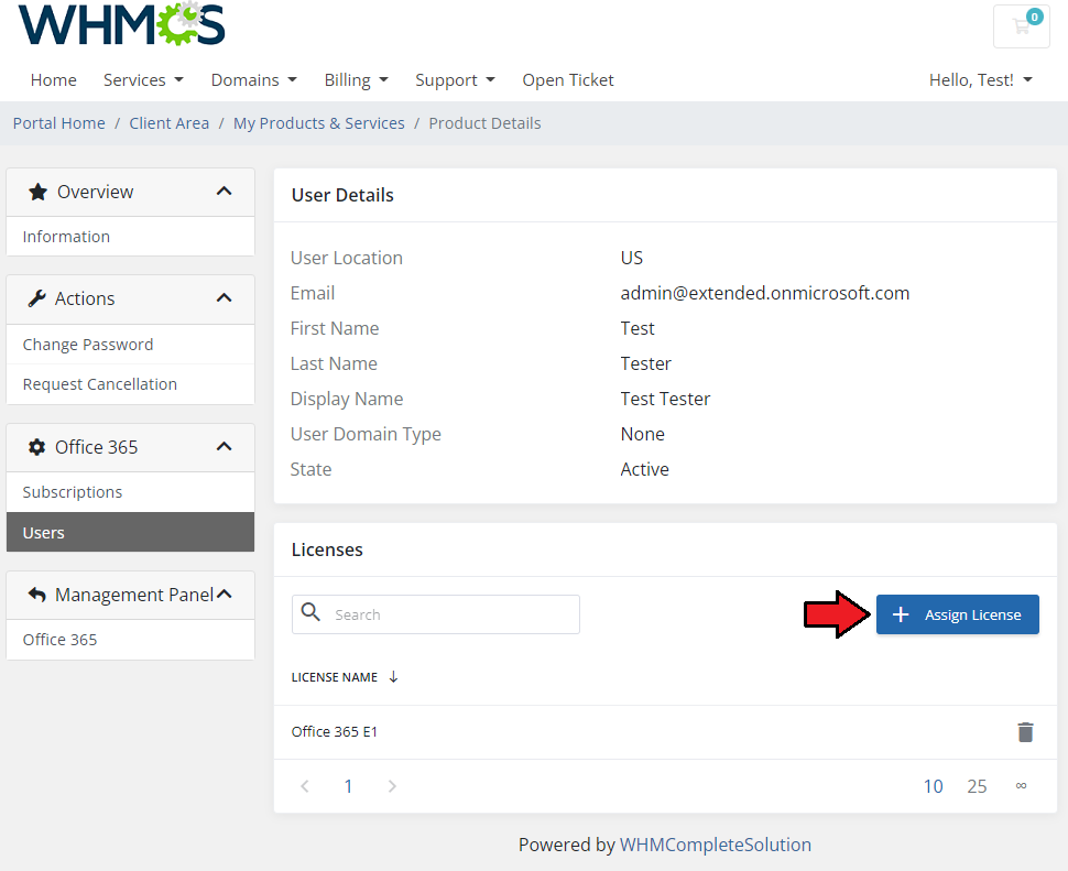 Office 365 For WHMCS: WHMCS client area Office 365 user details page with the Assign License button highlighted