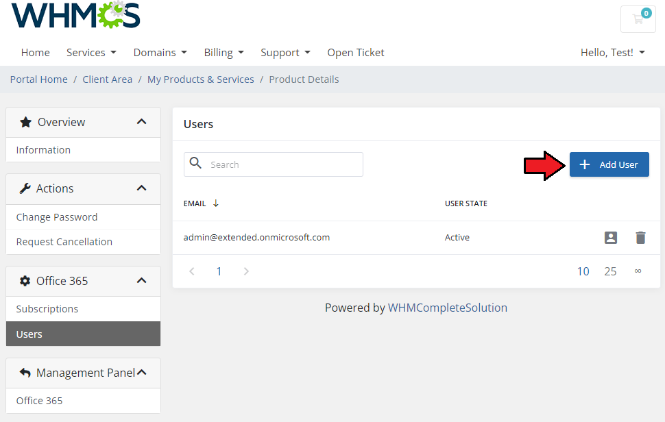 Office 365 For WHMCS: WHMCS client area Users list for Office 365 with the Add User button highlighted