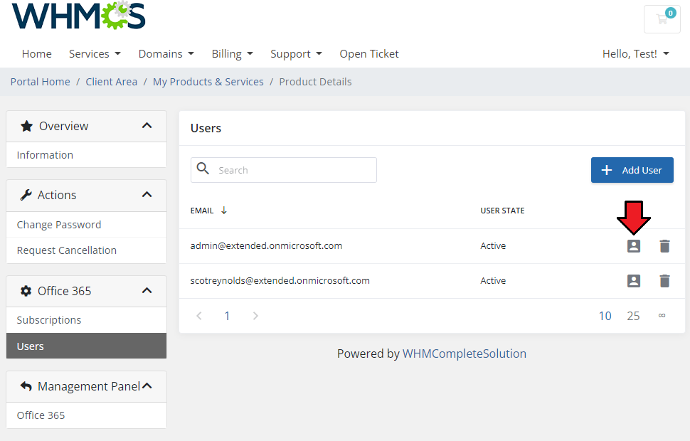 Office 365 For WHMCS: WHMCS client area Users list with two Office 365 users and the account details icon highlighted