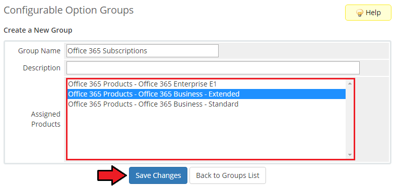 Office 365 For WHMCS: create a New Group form for configurable options with assigned Office 365 products selected
