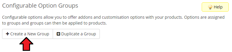 Office 365 For WHMCS: WHMCS Configurable Option Groups page with the Create a New Group button highlighted
