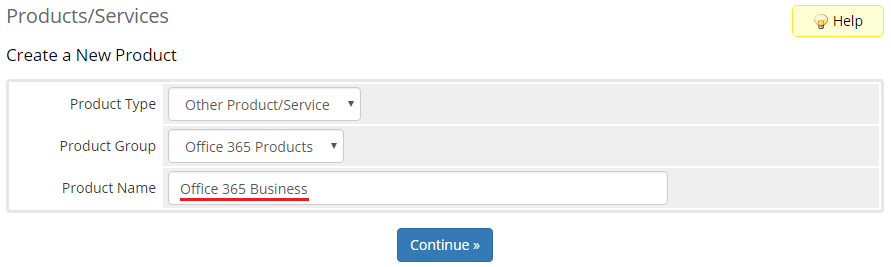 Office 365 For WHMCS: create a New Product form in WHMCS with product type, group and Office 365 Business name