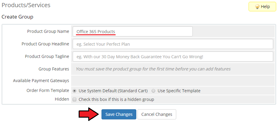 Office 365 For WHMCS: create Group form in WHMCS with the Office 365 Products group name and Save Changes