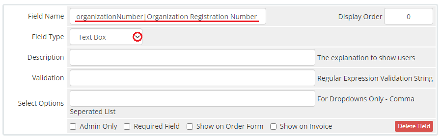 Office 365 For WHMCS: WHMCS custom field settings for organizationNumber with the Organization Registration Number name