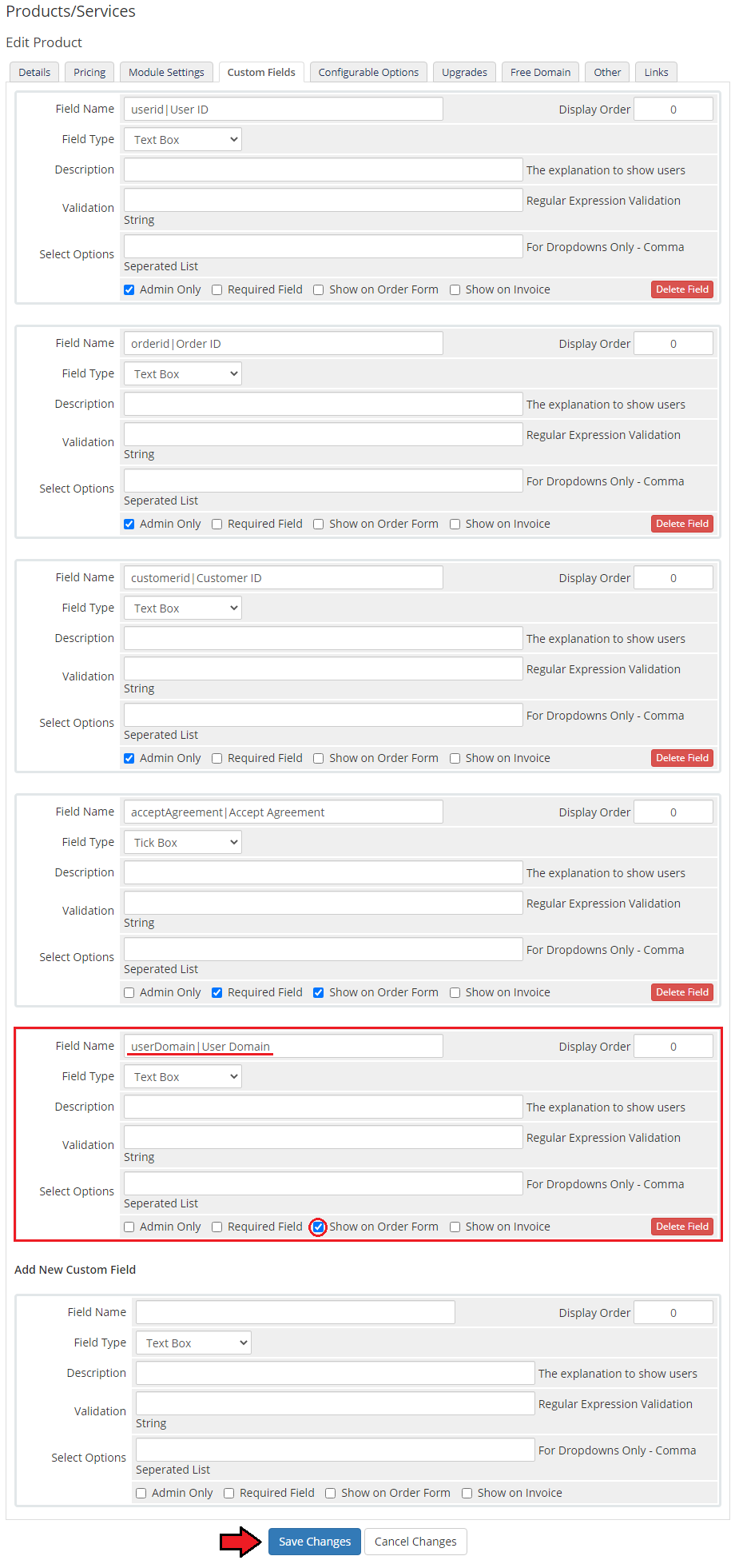 Office 365 For WHMCS: WHMCS product Custom Fields tab with the userDomain custom field shown on the order form