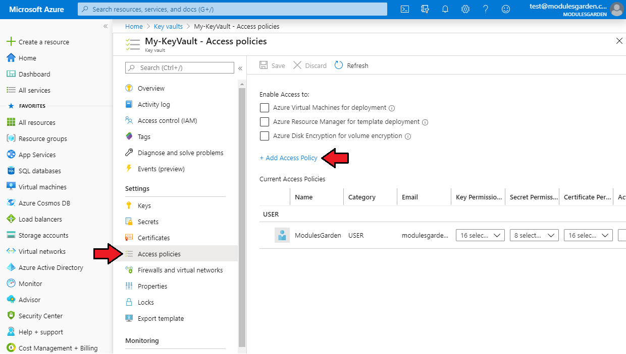 Office 365 For WHMCS: Azure key vault Access policies page with the Add Access Policy link