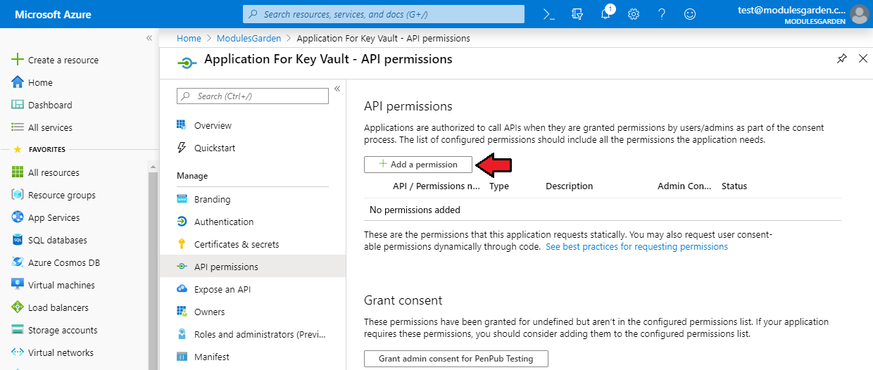 Office 365 For WHMCS: Azure Key Vault application API permissions page, empty list, with the Add a permission button