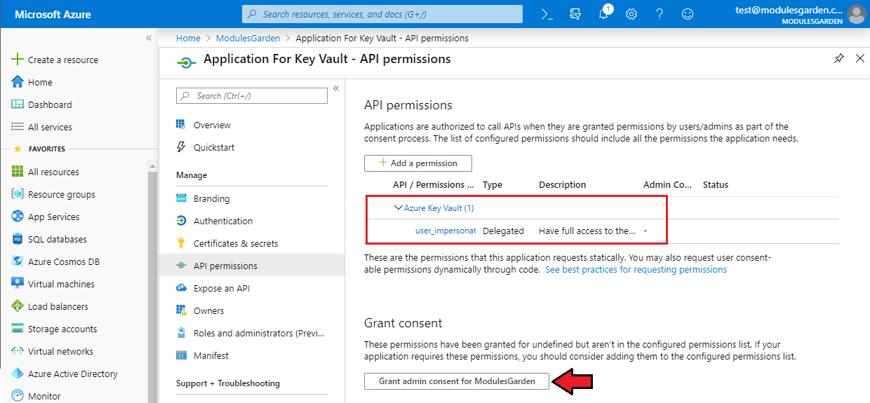 Office 365 For WHMCS: Azure Key Vault application API permissions list with user_impersonation and Grant admin consent