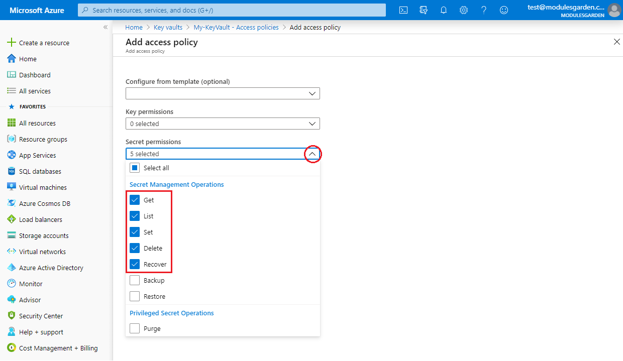 Office 365 For WHMCS: Azure Add access policy form with secret permissions Get, List, Set, Delete and Recover ticked