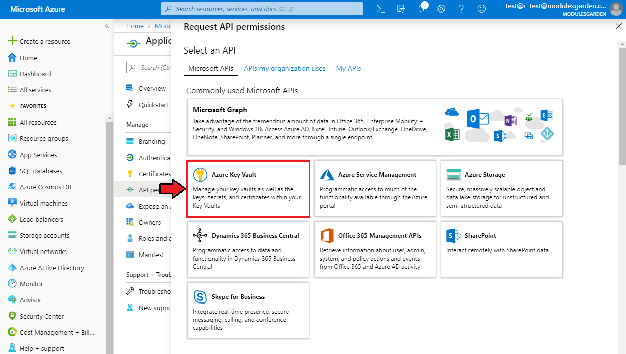 Office 365 For WHMCS: Azure Request API permissions panel with the Azure Key Vault tile selected