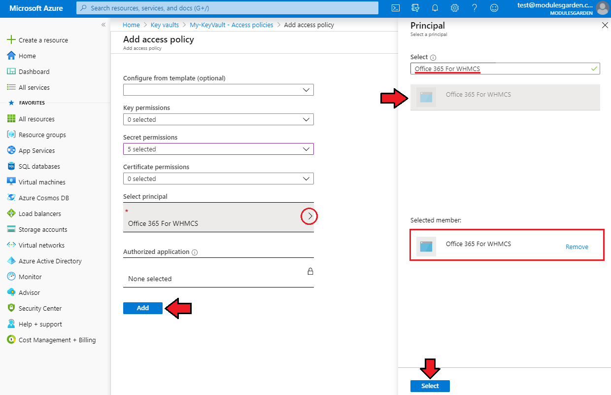 Office 365 For WHMCS: Azure Add access policy form with the application selected as principal and the Add button