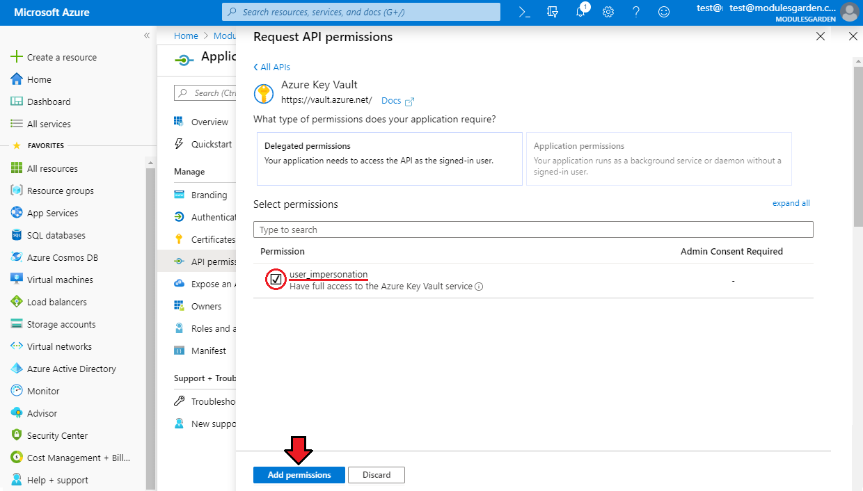 Office 365 For WHMCS: Azure Key Vault delegated permissions with user_impersonation ticked and Add permissions button