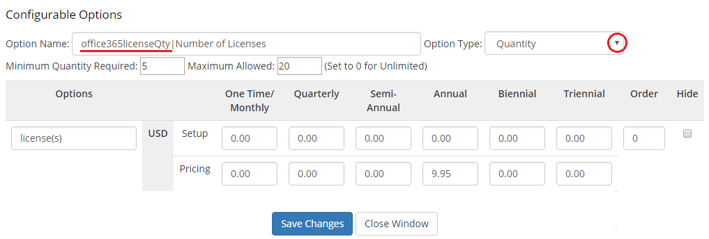 Office 365 For WHMCS: configurable Options popup with the license quantity option name, type and pricing