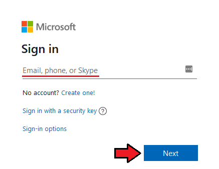Office 365 For WHMCS: Microsoft sign-in window asking for email, phone or Skype with the Next button