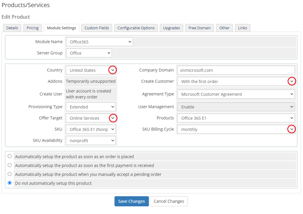 Office 365 For WHMCS: WHMCS product Module Settings tab with Create Customer, Country and offer dropdowns highlighted