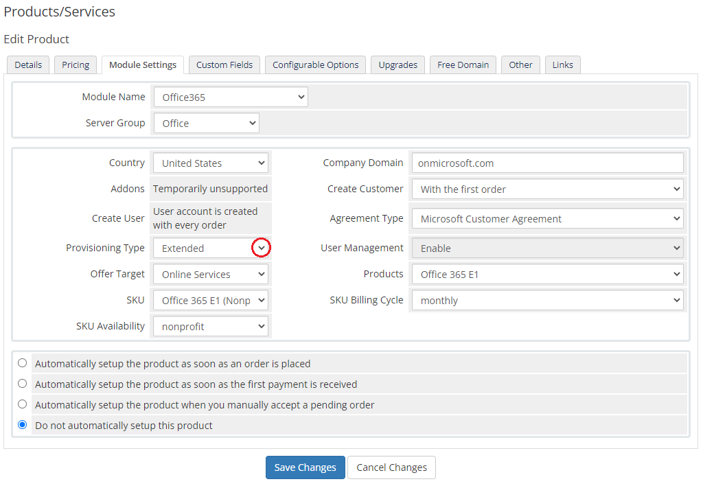 Office 365 For WHMCS: WHMCS product Module Settings tab with the Extended provisioning type dropdown highlighted