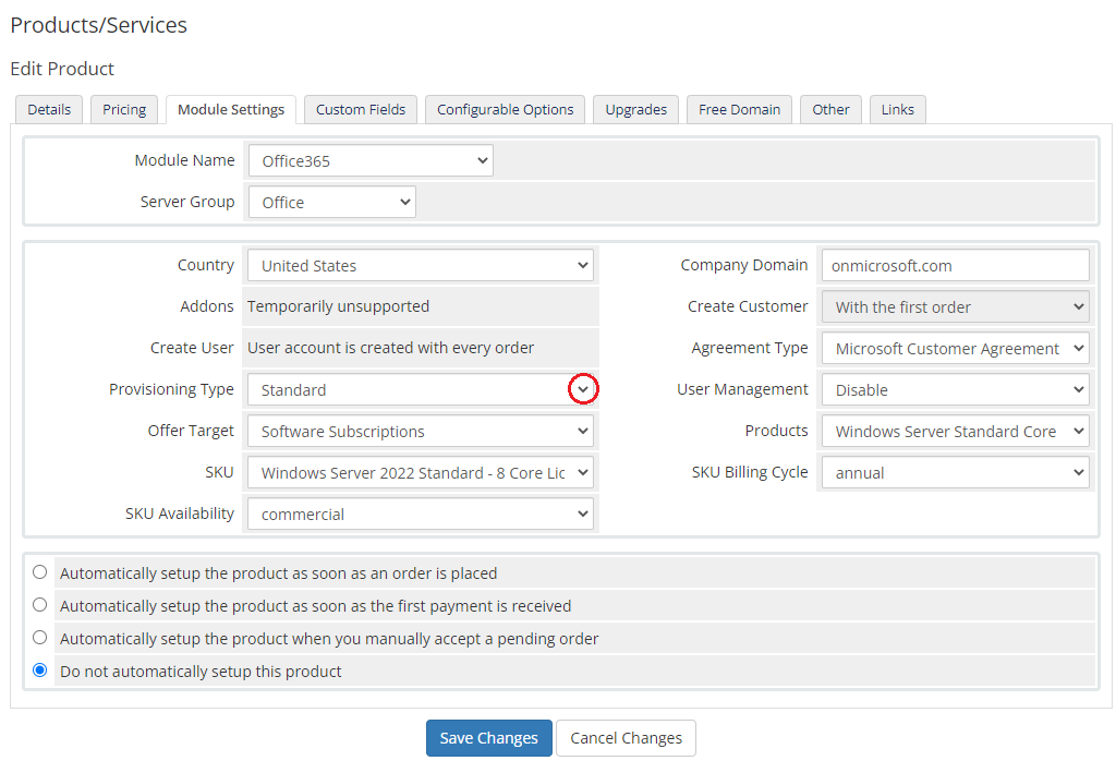 Office 365 For WHMCS: WHMCS product Module Settings tab with the Standard provisioning type dropdown highlighted