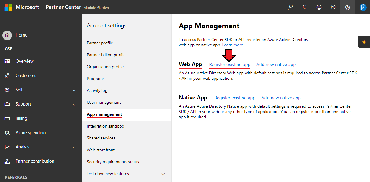 Office 365 For WHMCS: Microsoft Partner Center App management page with the Web App Register existing app link